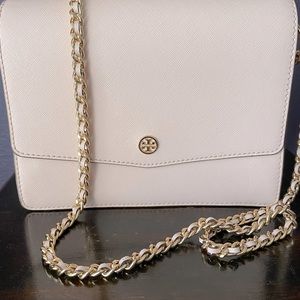 Blush, Tory Burch leather handbag with chain.